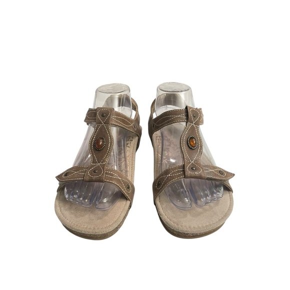 Aetrex Lori Sandals Women's 7 Brown Leather Cork Wedge T-Strap Comfort Beaded - Picture 5 of 15